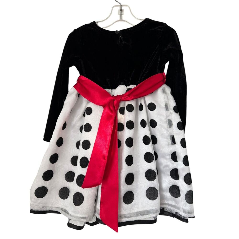 Wonder Kids Dress Girls Size 3T Soft Black White Velvet Polka Dot Red Bow - Picture 5 of 10